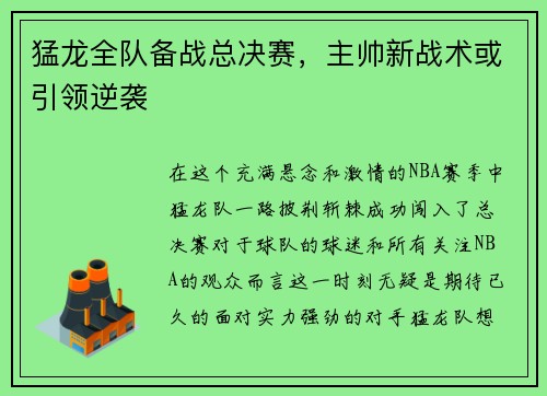 猛龙全队备战总决赛，主帅新战术或引领逆袭